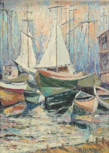 Huile \"bateaux au port en Bretagne\" signé R Mart...