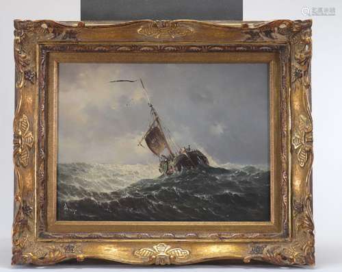 Huile sur panneau \"bateau dans la tourmente\" sig...