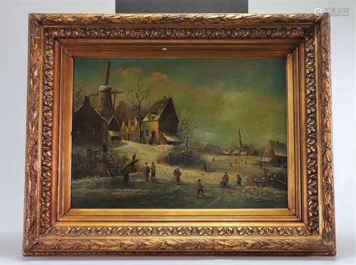 Huile \"Jeux d\'hiver\" provenant de l\'École holl...