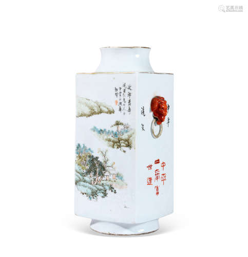 清 浅降彩山水人物四方兽耳尊
Qing Dynasty
LIGHT PURPLE COLOR ...