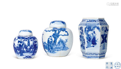 清 青花人物纹盖罐 一组3件
Qing Dynasty
A GROUP OF THREE BLUE...