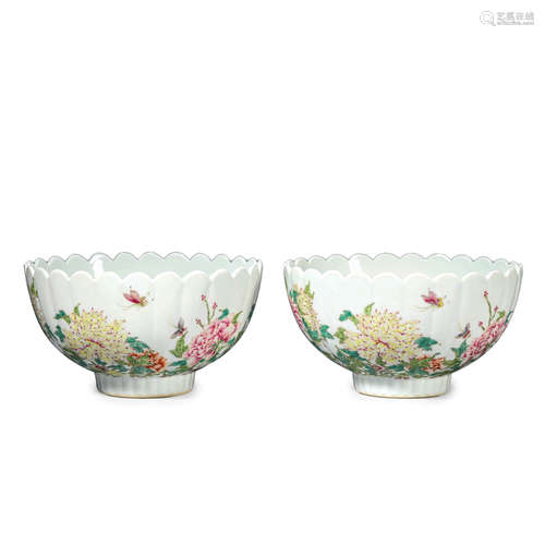 Pair of Famille Rose Butterfly Flower Bowls