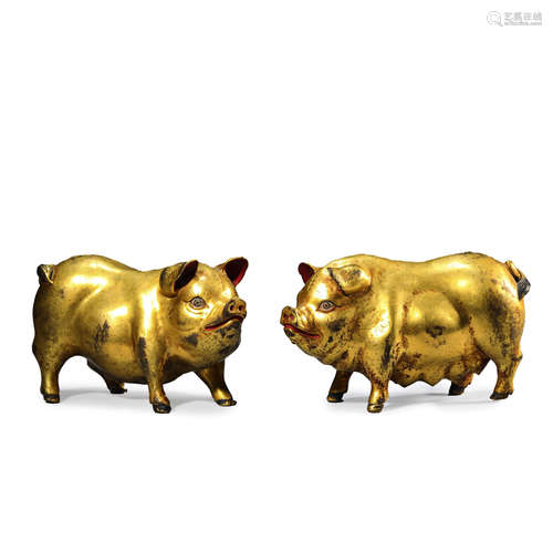 Pair of Gilt-Bronze Hog Ornaments