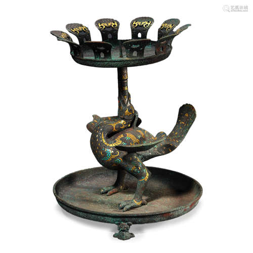 Gold, Silver and Gems Inlaid Bronze Candlestick