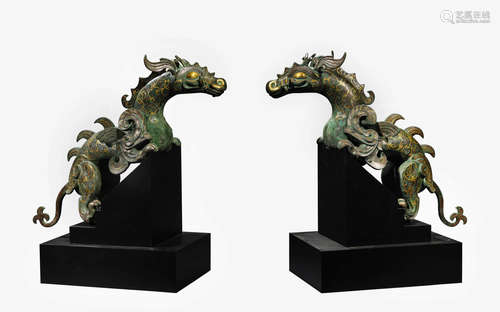 Gold, Silver and Gems Inlaid Bronze Dragon Statues