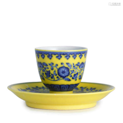 Yellow-Ground and Blue Glaze Lotus Cup and Saucer