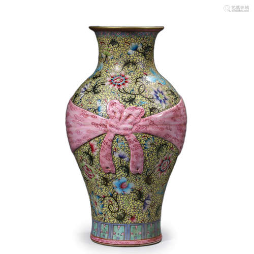 Yellow Ground Famille Rose Vase