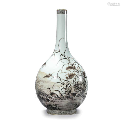 Grisaille Glaze Landscape Inscribed Long Neck Bottle Vase