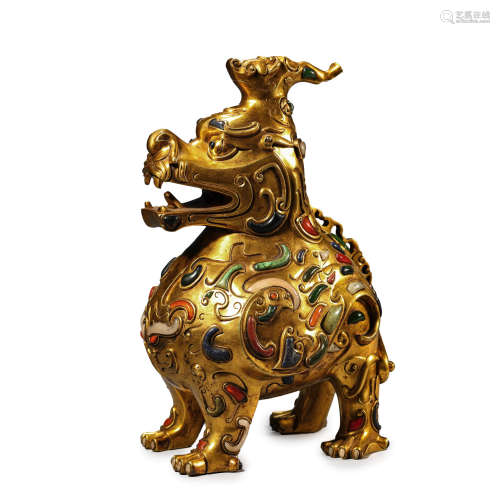 Gems Inlaid Gilt-Bronze Beast-Form Censer