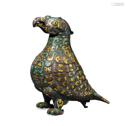 Gold, Silver and Gems Inlaid Bronze Eagle-Form Censer