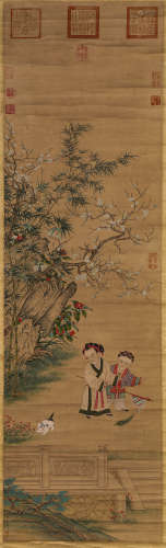 Chinese Boys Playing Painting, Ink and Color on Silk, Qiu Yi...