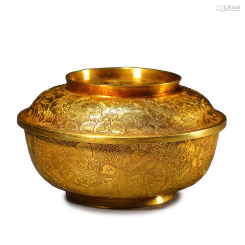 Gold Flower Bird Bowl and Cover