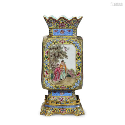 Lemmon Yellow Glaze Famille Rose Panel Eight Immortals Vase