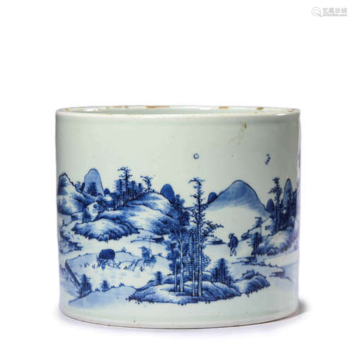 Blue and White Landscape Brush Pot