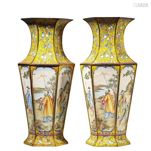 Pair of Enamel bronze figure hexagonal vases