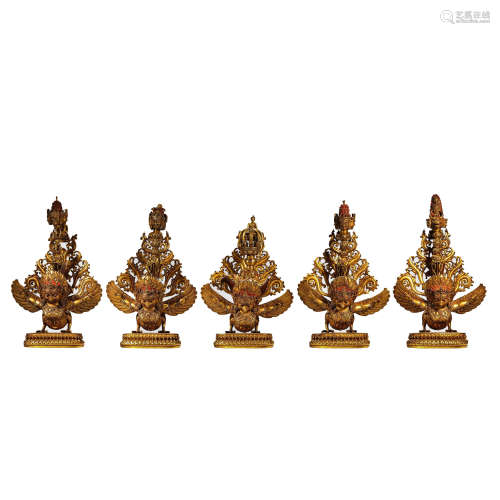 Set of Five Gilt-Bronze Statues of Garuda
