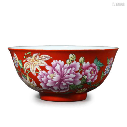 Coral-Red Glaze Flower Bowl