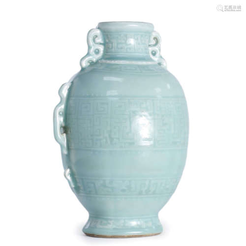 Moulded Celadon Glaze Kui-Dragon Oblate Vase