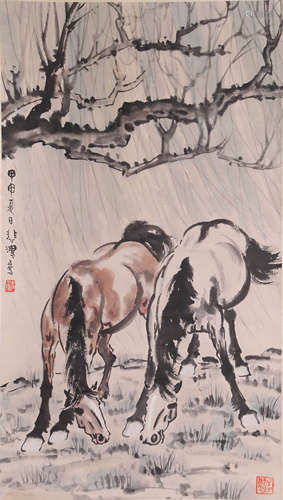 Chinese Two Horses Painting Paper Scroll, Xu Heihong Mark