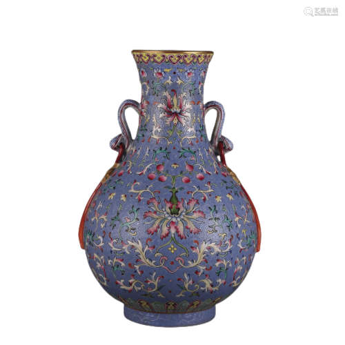 Famille rose lotus double-eared vase