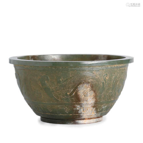 Carved jade mythical beast bowl