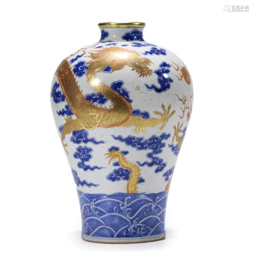 Blue and White Underglaze Red Sea Waves Dragon Meiping
