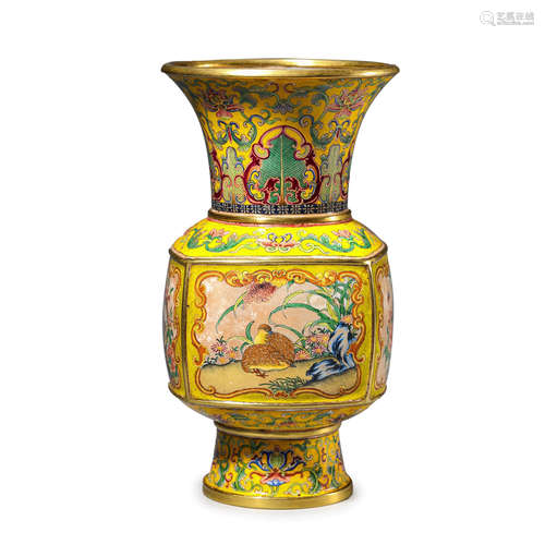 Enamel Bronze Flower and Bird Beaker Vase