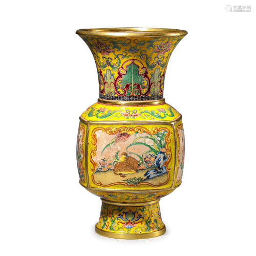 Enamel Bronze Flower and Bird Beaker Vase