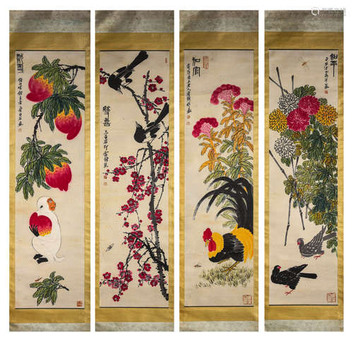 Chinese Flower Paintings Four Pieces, Qi Baishi Mark