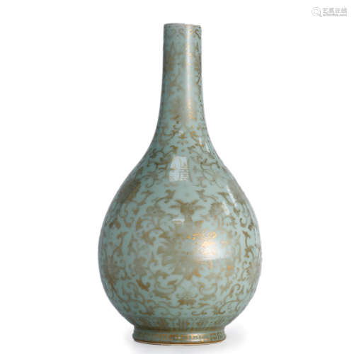 Green Ground Gold Interlocking Floral Bottle Vase