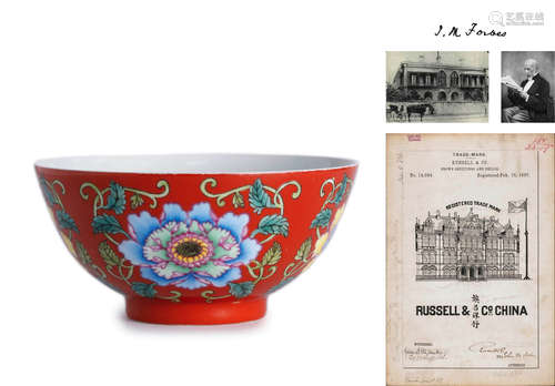 Red-ground famille rose flower bowl