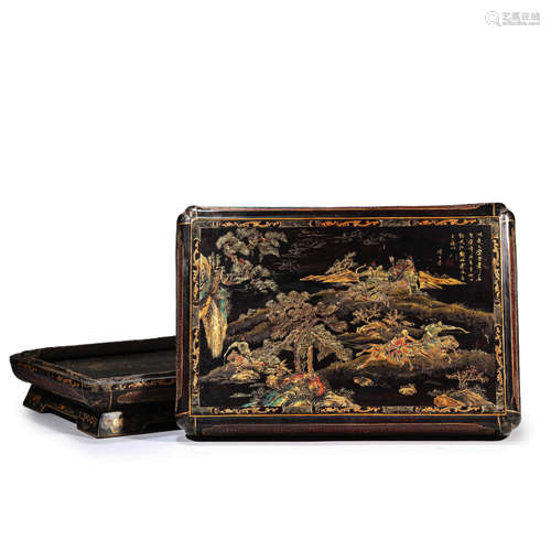 Bamboo and Gilt Decorated Lacquer Hunting Box and Cover