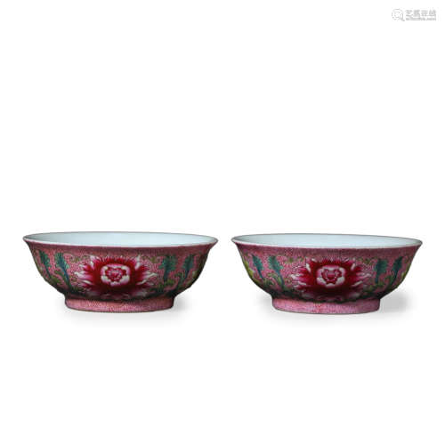 Pair of Rouge-Red Glaze Floral Bowls