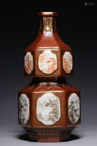 Hexagonal Gourd Vase with Bronze Glaze and Gold Window Lands...
