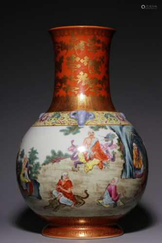 Alum red painted gold pastel eighteen arhats vase