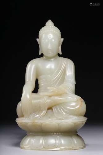 Qing Dynasty, Hetian White Jade Sakyamuni Buddha Seated Stat...