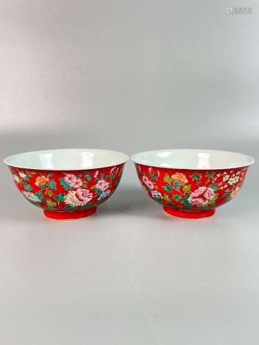 Pair of red-ground enamel flower bowls