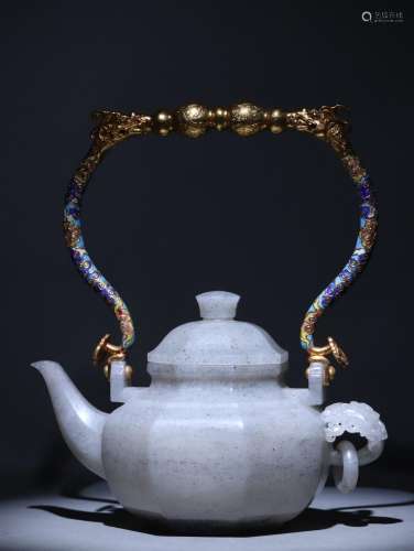 Hetian jade blue and white silver and gilt handle beam pot