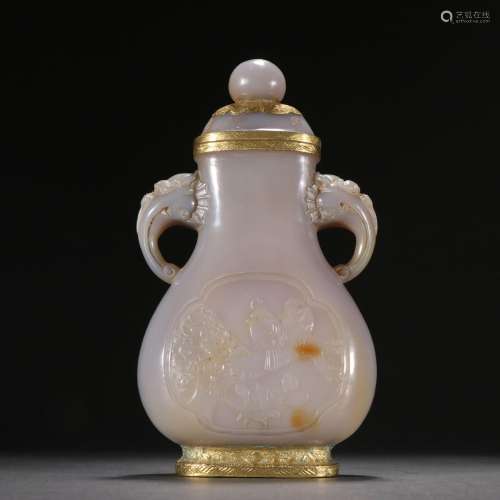 Agate covered gold flower and bird pattern cap bottle