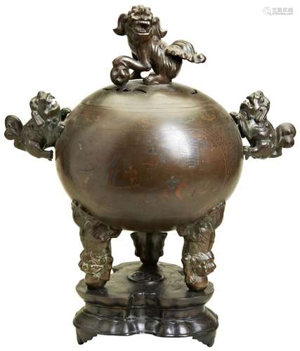 IMPRESSIVE INLAID BRONZE COVERED CENSER AND STAND, LATE QING...