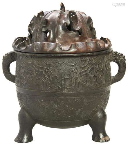 LARGE AND IMPRESSIVE ARCHAISTIC BRONZE TRIPOD CENSER LATE MI...