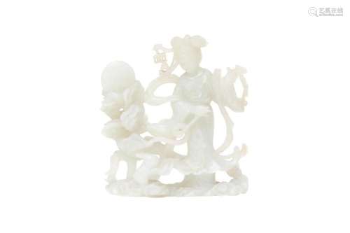 A CHINESE PALE-CELADON JADE 'CHANG'E AND RABBIT' GROUP 清十九...