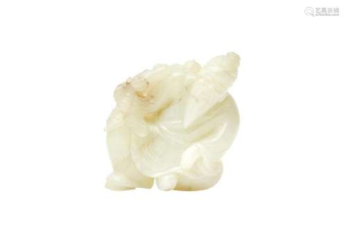 A CHINESE CELADON JADE CARVING OF A MAN AND CHILD 晚清 玉雕老...