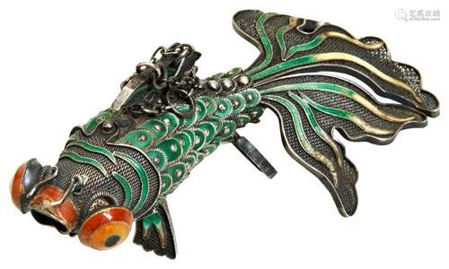 A SMALL SILVER ENAMEL ARTICULATED CARP LATE QING DYNASTY  th...