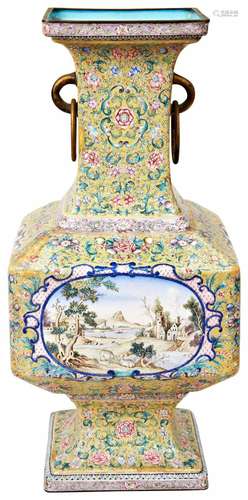 RARE CANTON ENAMEL ‘EUROPEAN SUBJECT’ VASE QIANLONG SEAL MAR...