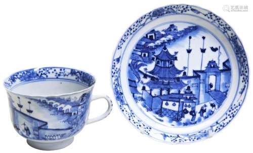 BLUE AND WHITE \'PALACE SCENE\' CUP AND SAUCER QING DYNASTY,...