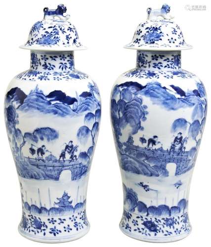 PAIR OF BLUE AND WHITE VASES & COVERS QING DYNASTY, 19TH...