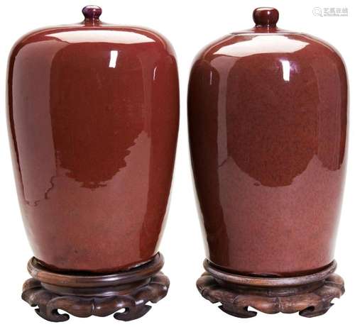 TWO SANG-DE-BOEUF GLAZED COVERED JARS LATE QING DYANSTY each...