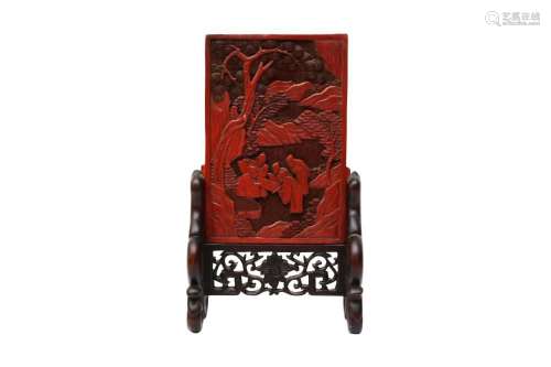 A CHINESE CINNABAR LACQUER 'SCHOLARS' TABLE SCREEN 清十九世紀...