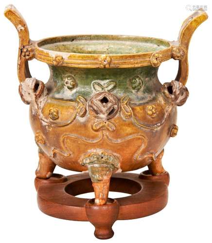 SANCAI-GLAZED TRIPOD CENSER MING DYNASTY the baluster sides ...